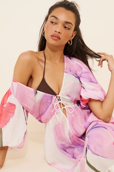 chinese dress ladies Puff Sleeve Flower Print Maxi Dress in Pink – She la la main image 1