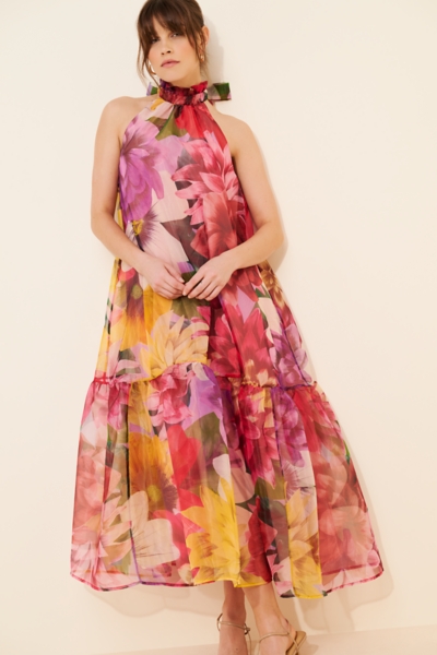 halter satin prom dress Backless Long Halter Prom Dress with Boned Waist Marigold / Medium main image 1