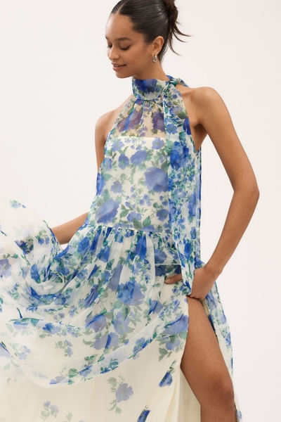 Kendall High-Neck Scarf Floral Organza Maxi Dress | Nuuly
