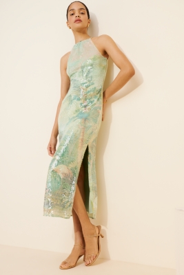 Paulina Halter Printed Sequin Midi Dress
