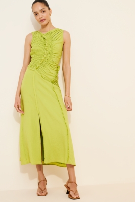 Asymmetrical Smocked Bodice Midi Dress