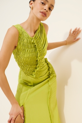 Asymmetrical Smocked Bodice Midi Dress