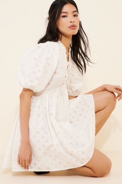 eyelet puff sleeve mini dress Women's Draper James Eyelet Textured Puff Sleeve Tie Waist Mini Dress