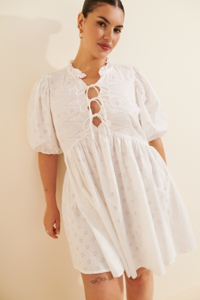 puff sleeve eyelet mini dress Norma Jean Puff Sleeve Piping Trim Eyelet Mini Dress White