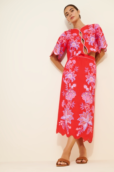 knee length dresses for ladies Farm Rio Red Garden Delight Long Sleeve Midi Dress, Garden Delight Red / Xs