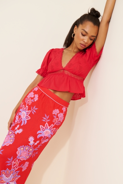 knee length dresses for ladies Red Artsy Flora Cut-Out Organic Cotton Maxi Dress