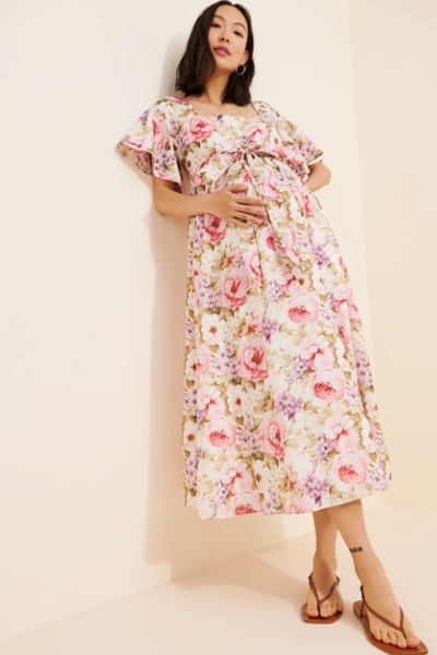 knee length dresses for ladies Pink Floral Button Puff Sleeve Maternity Midi Dress Medium
