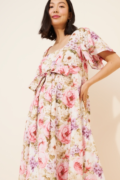 open lace back dress Blush Maternity Maxi Dress with Slit and Short Sleeves