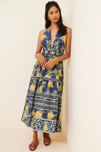 brown pineapple jewelry midi dress FARM Rio Pineapple Jewelry Midi Dress in Brown