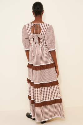 Gingham Tiered Puff Sleeve Maxi Dress