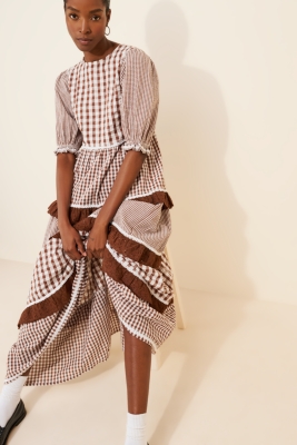 Gingham Tiered Puff Sleeve Maxi Dress