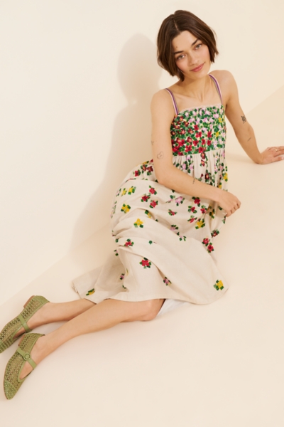 green emerald velvet dress Embroidered Heavy Satin Sleeveless Midi Dress
