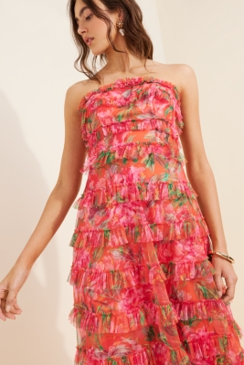 Printed Micro Ruffle Maxi Dress