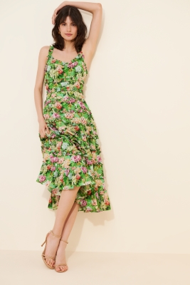 Ruffle Floral Sweetheart Midi Dress