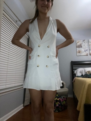 White sleeveless gold on sale button detail blazer dress