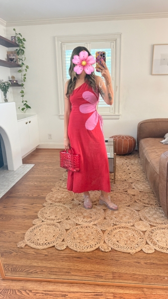 red flower cut out dress Halter Flower Detail Midi Dress Red