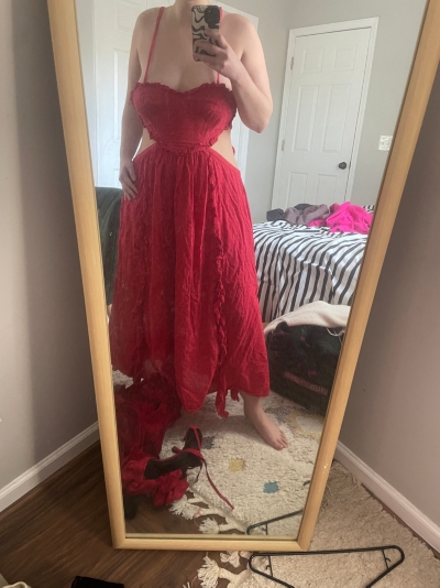knee length dresses for ladies Red Artisanal Cut-Out Embroidered Euroflax  Premium Linen Maxi Dress