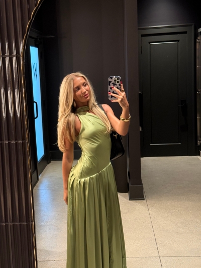 one-shoulder scarf maxi dress bhldn Bhldn One-Shoulder Scarf-Neck Asymmetric Maxi Dress - Green