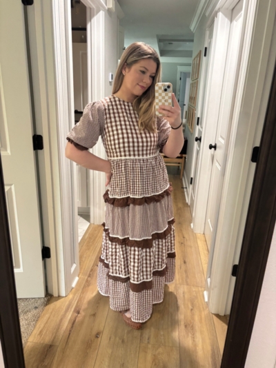 gingham tiered maxi dress neon rose Brown Neon Rose Cotton Gingham Tiered Maxi Dress