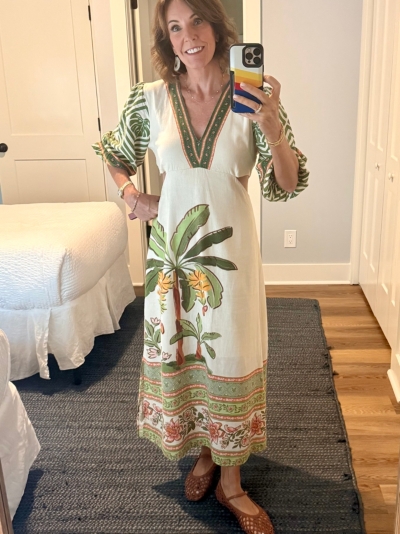 farm rio x anthropologie pleated palm midi dress Green Palm Tree Embroidered Midi Dress