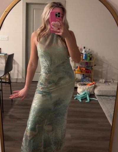 Paulina Halter Printed Sequin Midi Dress | Nuuly