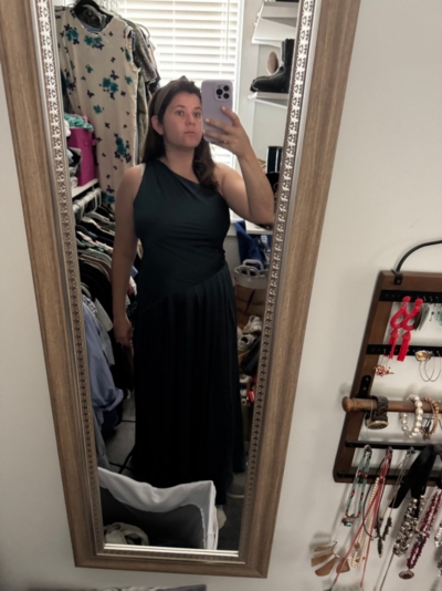 one-shoulder scarf maxi dress bhldn Bhldn One-Shoulder Scarf-Neck Asymmetric Maxi Dress - Green