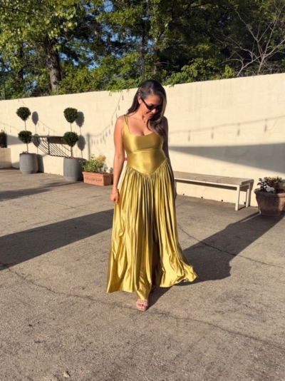 green emerald velvet dress Oriana Metallic Gold Foil Knit Maxi Dress main image 1