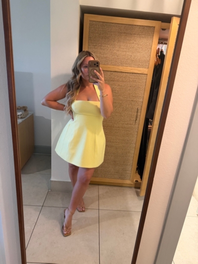 sachin and babi light blue dress Bardot Nevelle Hourglass Halter Dress in Canary Yellow