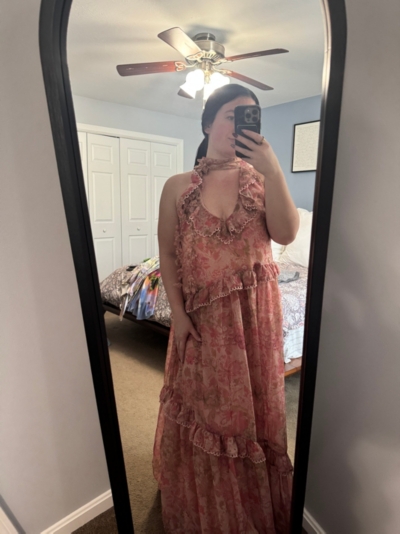 a line pink maxi dress KissProm A-Line Pink Floral Lace Cowl Neck Long Prom Dresses