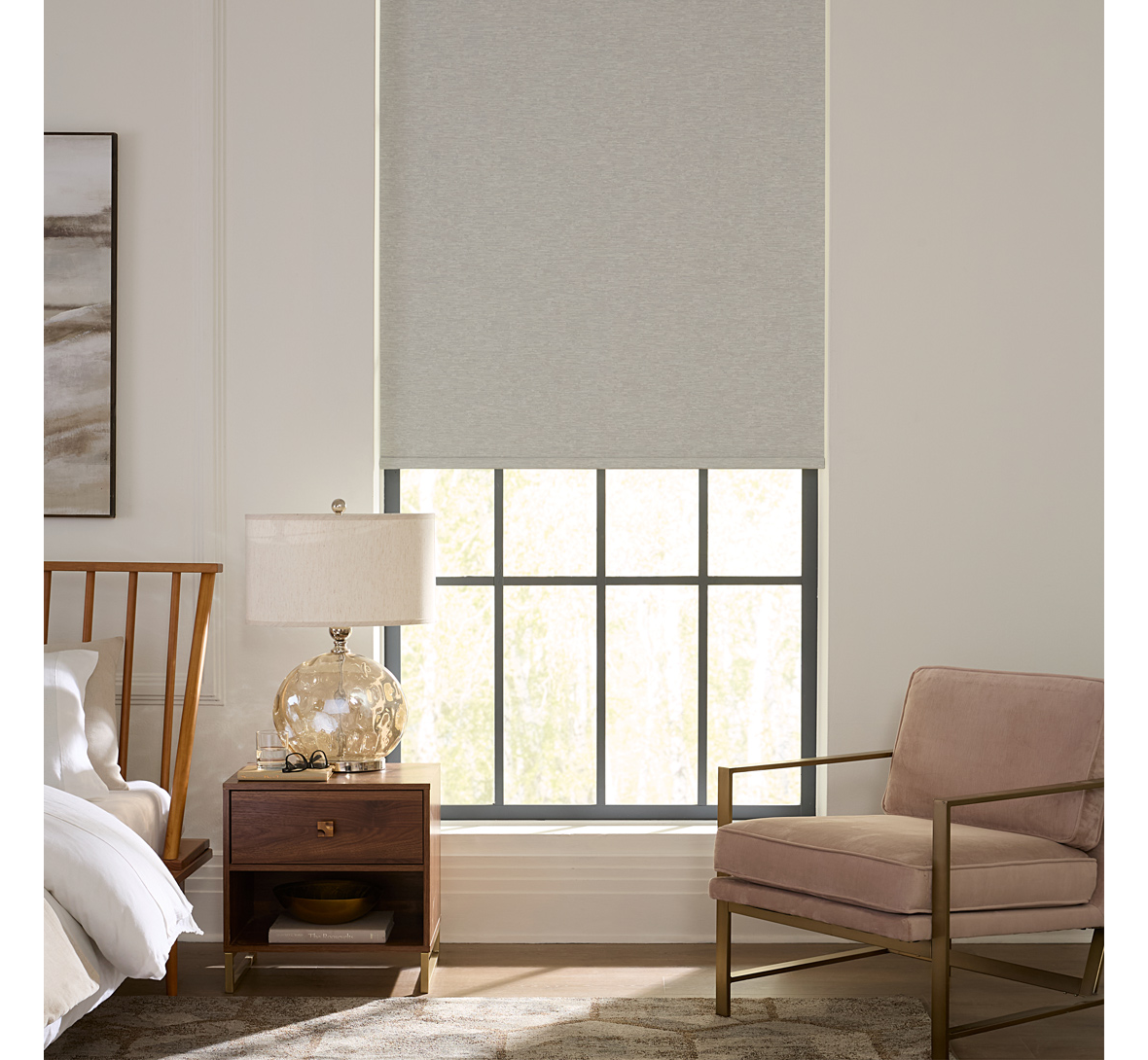 ELEMENTS® ECHO Roller Shade Collection | Soft Glam Bedroom 