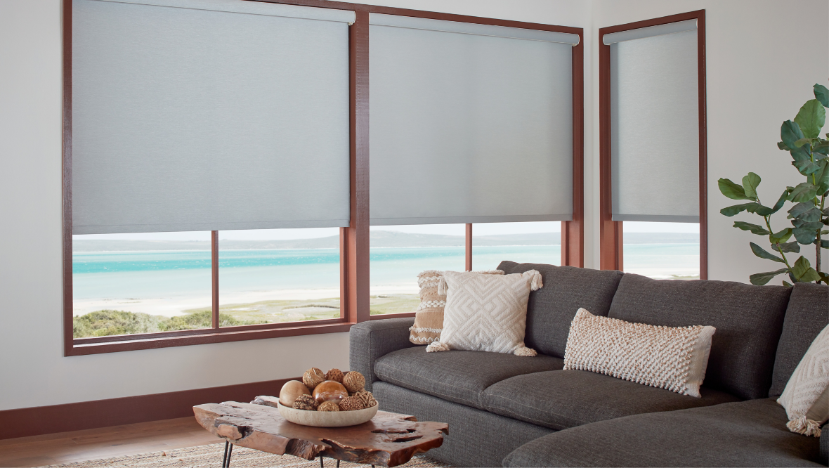 ELEMENTS® Motorized Roller Shades | Coastal Living Room 