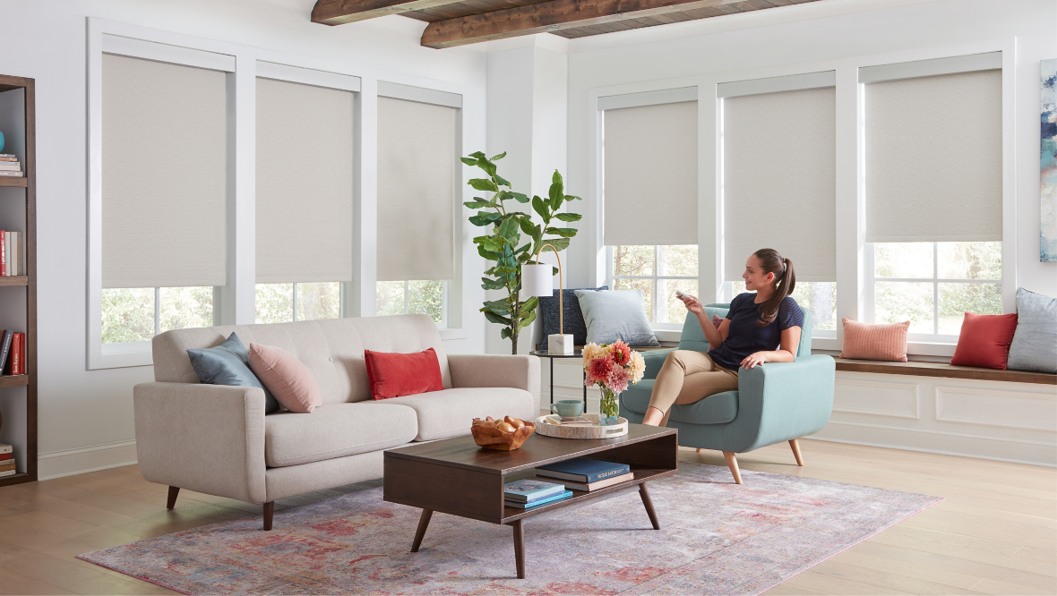 ELEMENTS® Roller Shades | Modern Motorized Living Room 
