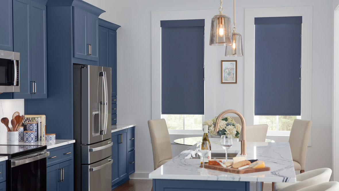 ELEMENTS® Custom Roller Shades | Classic Blue Kitchen