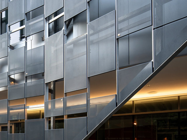 Close up of architectural building with Silver geometric pattern