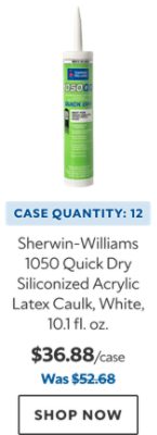 Sherwin-Williams 1050 Quick Dry Siliconized Acrylic Latex Caulk, White, 10.1 fl oz. Case Quantity: 12. $36.88. Was $52.68. Shop now.