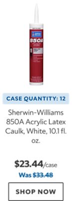 Sherwin-Williams 850A Acrylic Latex Caulk, White, 10.1 fl. oz. Case Quantity: 12. $23.44. Was $33.48. Shop now.