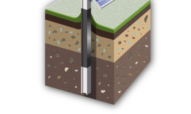 Cutaway illustration of solar panels supported by a steel pile with a protective coating through the active soil zone.
