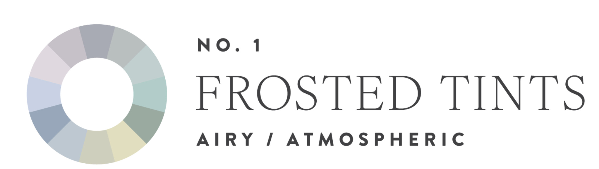 Colormix 2026 Trend 1: Frosted Tints. A circular palette divided into eight segments featuring soft, muted pastel shades such as gray, blue, sage green, and beige. 
