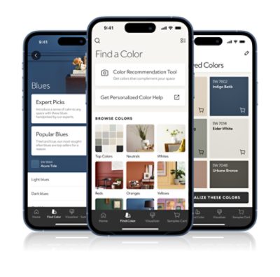 Three phones showing the Sherwin-Williams Color Expert App.