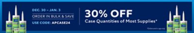 30% off Case Quantities of Most Supplies. December 30th - January 3rd. Use Code: APCASE24.