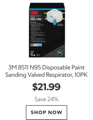 3M 8511 N95 Disposable Paint Sanding Valved Respirator, 10PK. $21.99. Save 24%. Shop now.