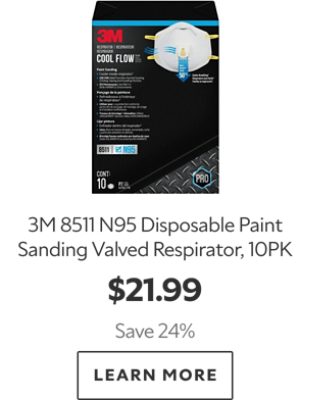 3M 8511 N95 Disposable Paint Sanding Valved Respirator, 10PK. $21.99. Save 24%. Learn more.