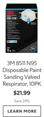 3M 8511 N95 Disposable Paint Sanding Valved Respirator, 10PK. $21.99. Save 24%. Learn more.