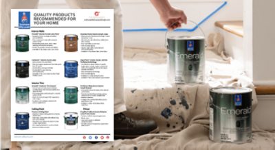 A list of quality paints recommended for your home. A person standing on a drop cloth with 2 gallons of paint cans.