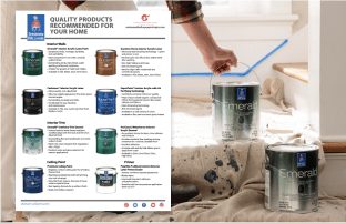 A list of quality paints recommended for your home. A person standing on a drop cloth with 2 gallons of paint cans.