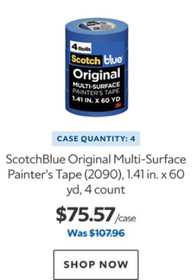 ScotchBlue Original Multi-Surface Painter's Tape (2090), 1.41 in. x 60 yd. Case Quantity: 4. $75.57. Was $107.96. Shop now.