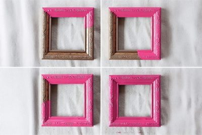 Four-step image series showing a square picture frame gradually painted from brown to pink, progressing from one corner to fully painted.