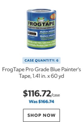 FrogTape Pro Grade Blue Painter's Tape, 1.41 in. x 60 yd. Case Quantity: 6. $116.72. Was $166.74. Shop now.