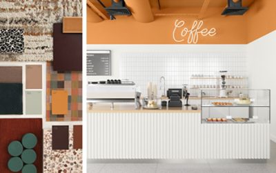 A variety of colorful color panels, fabric, cloths and rugs. A café with bright white walls and an orange ceiling.