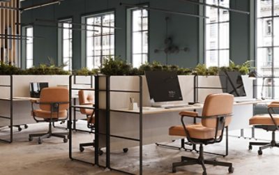 A modern office space with large windows and walls painted with Homburg Gray SW 7622 (238-C7).